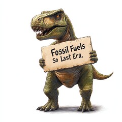 A dinosaur holding a sign advocating against fossil fuels, promoting environmental awareness and sustainability.