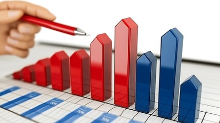Fototapeta premium Hand pointing at a 3D bar graph showing fluctuating data.
