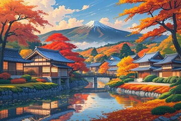 Obraz premium Serene Autumn Landscapes and Peaceful Japanese Village Artistry