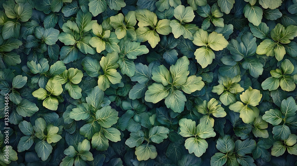 Poster botanical canopy: a top-down view reveals an intricate pattern of lush green leaves. the leaves crea