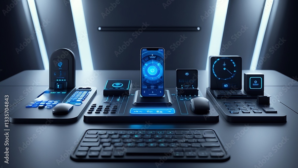 Aufkleber mobile phone and laptop on office desk with keyboard and notebook showing technology and communicati