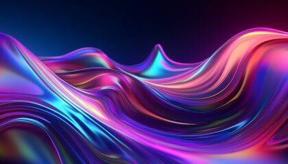 A dynamic 3D rendering of an abstract fluid holographic wave in neon hues, set against a dark backdrop. a gradient design suitable for banners, backgrounds. Abstract dark holographic iridescent neon