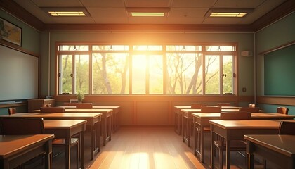 Sunlit Classroom Scene Empty Desks and Bright Window View