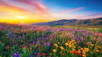 Vibrant Flower Field at Sunset: A breathtaking vista of a multi-colored field of wildflowers under a striking sunset sky, with golden light spilling over the horizon and mountains in the distance.