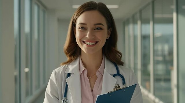 Smiling Female Doctor Holding Clipboard in Hospital Hallway