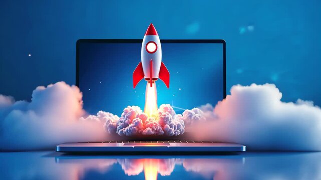 Digital Launchpad: A vibrant rocket blasts off from a laptop computer, symbolizing innovation, technological advancement, and new beginnings, set against a gradient blue backdrop.