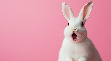 Obraz premium White Rabbit with Open Mouth on Pink Background, Expressing Surprised and Happy Expression. Close-Up Portrait, High-Resolution, High Detail, High Quality, High Sharpness, High Definition, High Focus, 