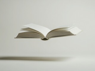 An open book floating in the air, against a white background, hyper-realistic photography.