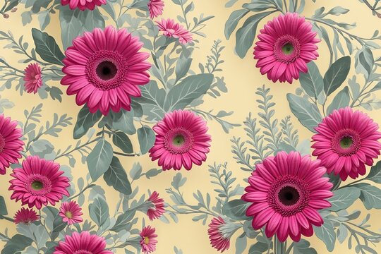 Elegant Floral Arrangement of Fuchsia Gerbera Daisies and Sage on Soft Yellow Background for Spring Events and Mother's Day Celebrations