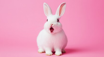 Obraz premium White Rabbit with Open Mouth on Pink Background, Expressing Surprised and Happy Expression. Close-Up Portrait, High-Resolution, High Detail, High Quality, High Sharpness, High Definition, High Focus, 