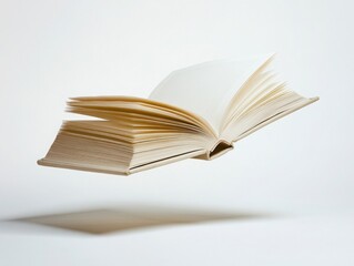 An open book floating in the air, against a white background, hyper-realistic photography.