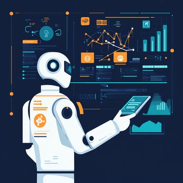 A futuristic robot analyzing data on a digital screen, showcasing the integration of AI in modern technology.