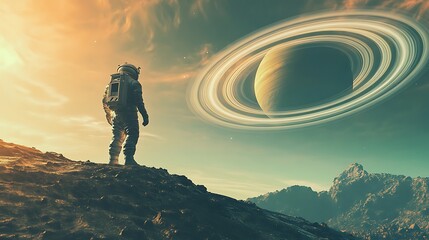 An astronaut gazing upon a massive ringed gas giant planet