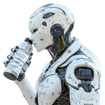A futuristic robot interacting with a water bottle, showcasing advanced design and functionality.