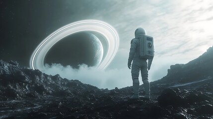 An astronaut gazes at a ringed planet from a rocky alien landscape