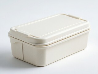 Close-up of a clean lunch box, made of plastic material, set against a white background in a minimalist style. 