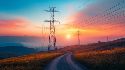 Ethereal power lines stretch across sunset's painted canvas, energy towers stand tall