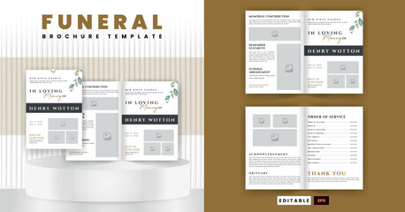 Funeral Template for Memorial Program. Minimalist Funeral Invitation Card Bifold Brochure Design Layout.