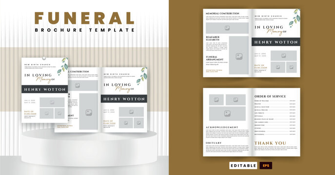Funeral Template for Memorial Program. Minimalist Funeral Invitation Card Bifold Brochure Design Layout.