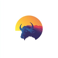 Majestic Buffalo Silhouette Against a Vibrant Sunset, Mountains in Background. A Stunning Gradient Vector Logo Design