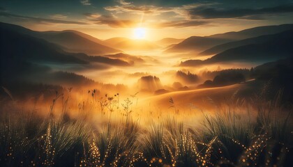 Fototapeta premium A breathtaking sunrise over a misty valley, where dewdrops on grass shimmer in the golden light, creating a serene and ethereal morning scene