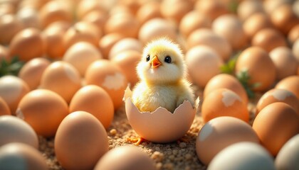 Adorable Baby Chick in Eggshell Among Eggs