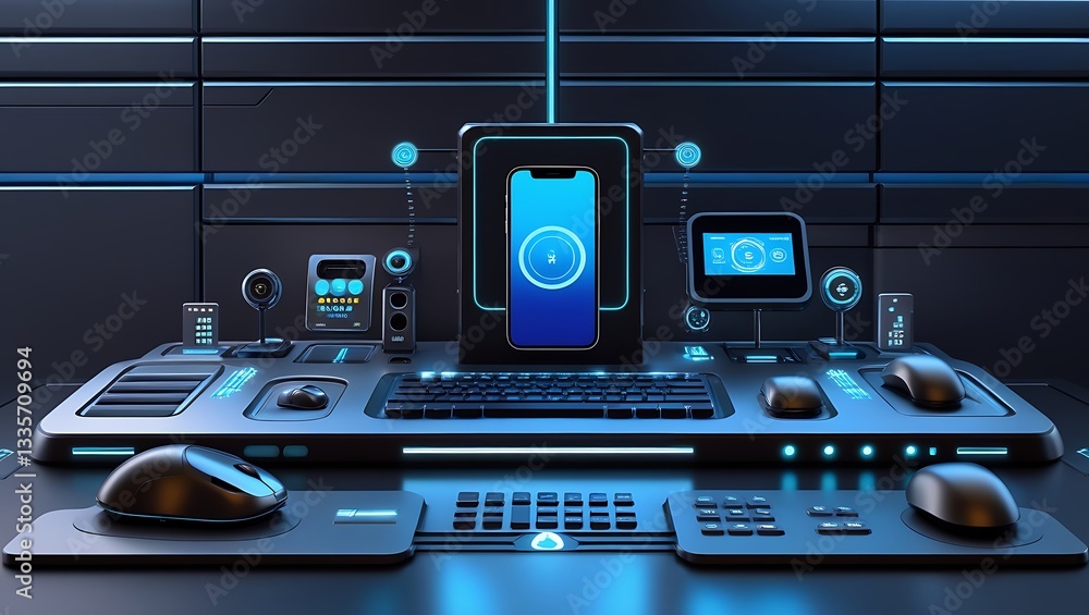 Poster mobile phone and laptop on office desk with keyboard and notebook showing technology and communicati