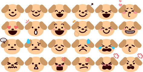絵文字、顔文字 いろいろな表情の犬の顔のイラストセット