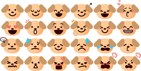 絵文字、顔文字 いろいろな表情の犬の顔のイラストセット
