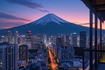 Naklejka premium Magical Sunset Colors Over Mount Fuji from a City Balcony Stunning Skyline Perspective