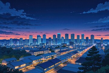 Obraz premium Sapporo Twilight Skyline Anime Illustration Stunning Cityscape Art