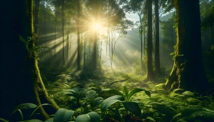 Obraz premium Eco-friendly morning scene of a lush forest covered in dewdrops, where the sun’s rays break through the mist, highlighting the fresh and untouched beauty of nature.