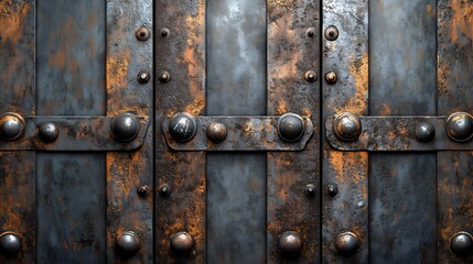 Fototapeta premium Close-up view of textured metal panel with rivets showing signs of rust and wear