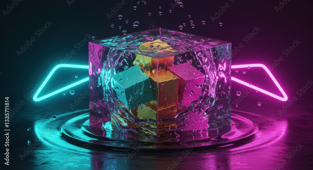 Poster vibrant neon cube immersed in water with reflections and bubbles creating a surreal atmosphere
