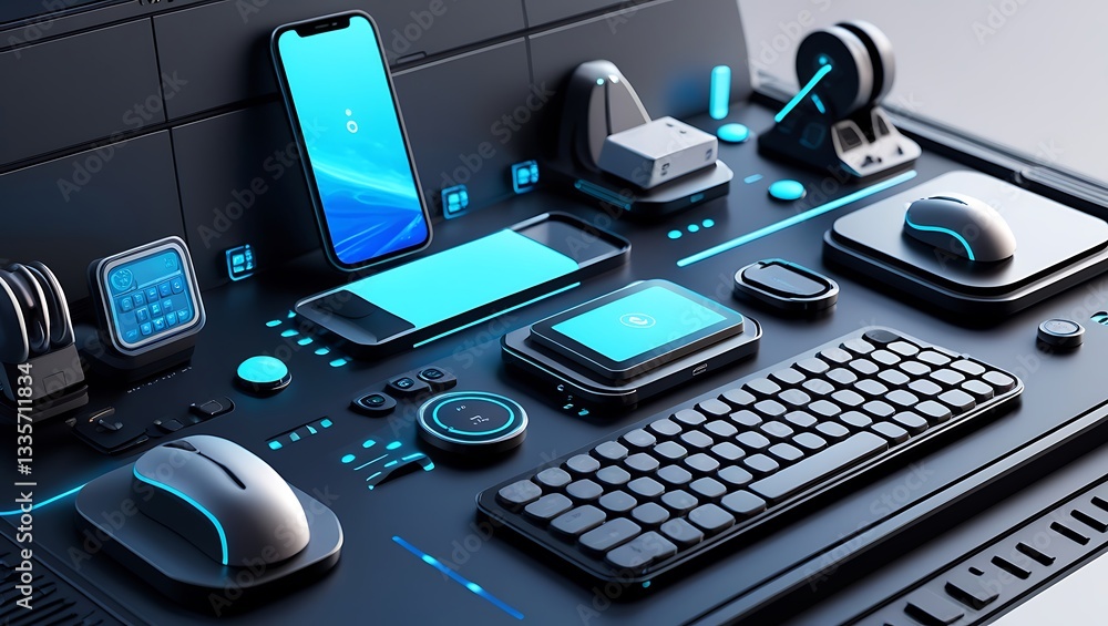 Poster close up of a black computer mouse on a desk with a laptop, keyboard, and monitor in an office setti