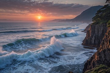 Breathtaking Japan Sunset Seascape Featuring Waves Crashing on Rugged Cliffs