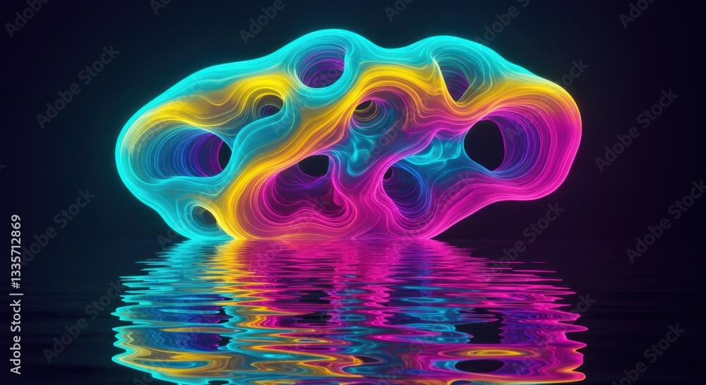 Poster vibrant abstract digital artwork with smooth waves and reflections in a dark environment