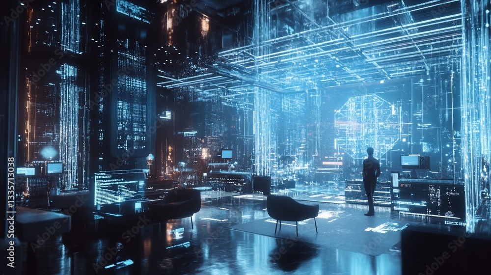 Poster futuristic data center environment with holographic display and a person