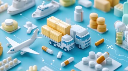 Pharmaceutical Industry Insights. Global Pharmaceutical Logistics: Miniature Trucks, Airplanes, and Medications on a Blue Background