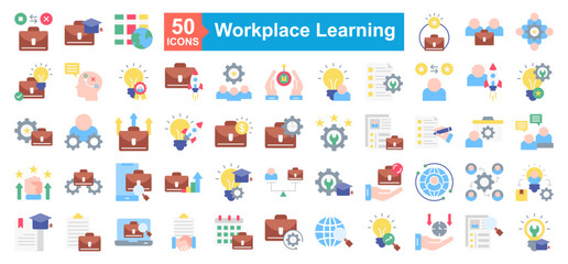 Fototapeta premium workplace learning icon sheet vector career option, academic, education, career goals, apprenticeship, workforce, insights, soft skills, branding, prospect, partnership, acquisition, mentorship