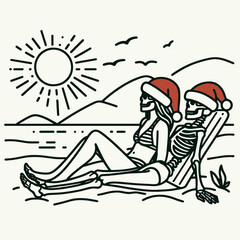 Skeleton couple wear santa hats sunbathing minimalist vector graphic illustration shows a spooky holiday scene
