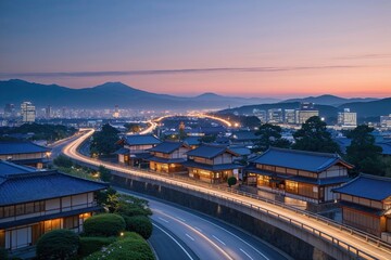 Fototapeta premium Tranquil Japanese Village at Twilight with Glimmering Streets and Calm Urban Landscape