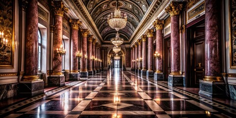 Obraz premium Golden Colonnade Palace Interior: Luxury Marble Corridor Aerial View - Royal Architecture, Classic Design