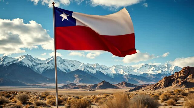 Chile's Colors Unfurled: The flag of Chile waves proudly against a backdrop of majestic mountains and a vast, open landscape, symbolizing freedom and national pride under a vibrant sky.