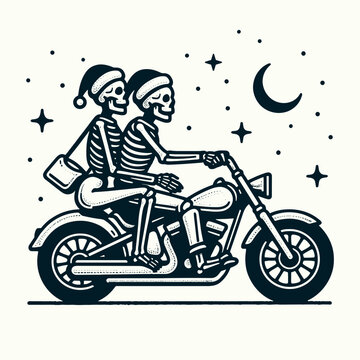 Skeleton couple wear Santa hats ride cruiser motorcycle minimalist vector graphic speeding through a snowy night