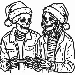 Skeleton couple wear santa hats playing games together a minimalist vector illustration depicting a fun holiday scene