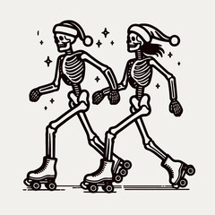 Skeleton couple wear santa hats play roller skates; a minimalist vector graphic depicts their joyful holiday fun.