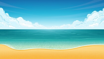 Sea beach landscape. Cartoon summer sunny day, ocean view the horizontal panorama, water sand, and clouds. Vector illustration of beach vacation background