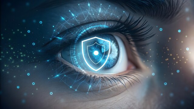Futuristic Eye with Digital Security Icon and Technology Elements