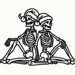 Fototapeta premium Skeleton couple wear santa hats lying in minimalist yoga poses; create a simple monochrome vector drawing